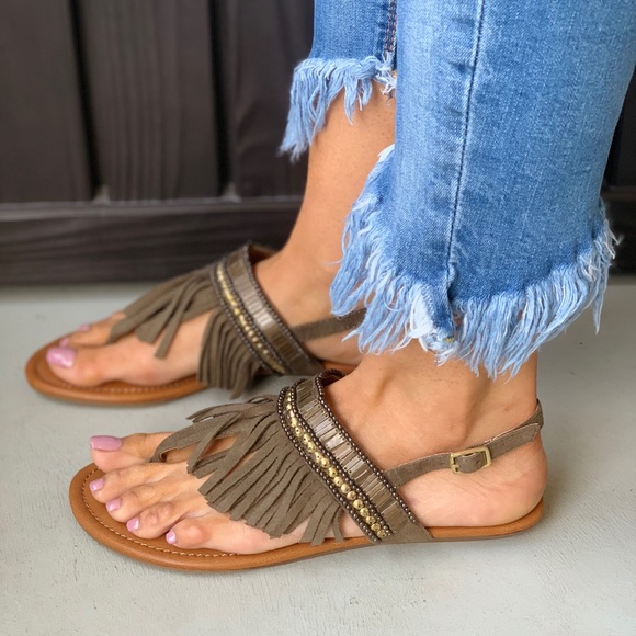 Distressed Fringe Embellished T-Strap Boho Sandal - Picture 3 of 6
